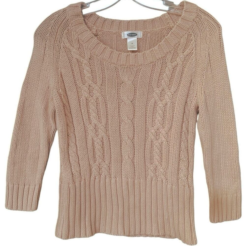 Old Navy Cable Knit Sweater 100% Cotton 3/4 Sleeves Size Medium Tan